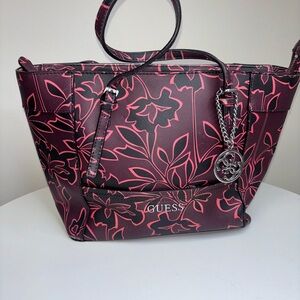 GUESS Black and Pink Floral Tote Bag